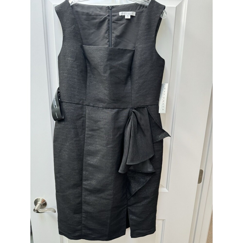 NWT Kay Unger Lola Metallic Twill Dress Women’s Size 14 Sleeveless Black Knee